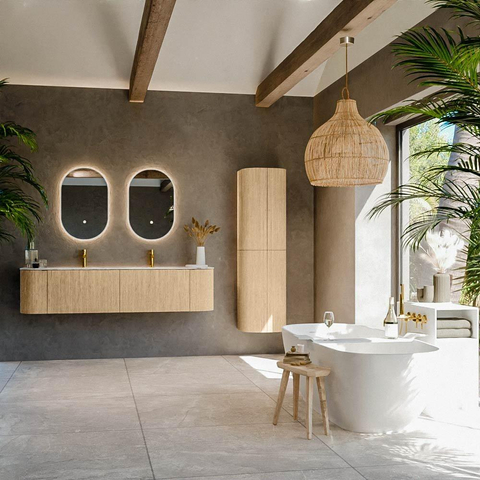 MONDIAZ KURVE-DLUX meuble de salle de bains 180 cm avec module 25 Len R couleur Chêne avec 2 tiroirs et 2 portes. Lavabo LEAF double 2 trous de robinet couleur Glace. SW1137988