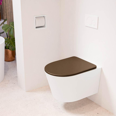 Mondiaz LAVIE hangtoilet – spoelrandloos – 36 x 53 cm – met softclose zitting – Talc (wit), zitting Rust (bruin) SW1208709