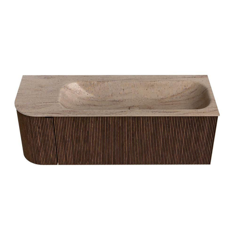 MONDIAZ KURVE-DLUX 125cm badmeubel ronding Links kleur Walnut met 1 lade en 1 deur. Wastafel BIG MEDIUM Rechts zonder kraangat Saba. SW1433171