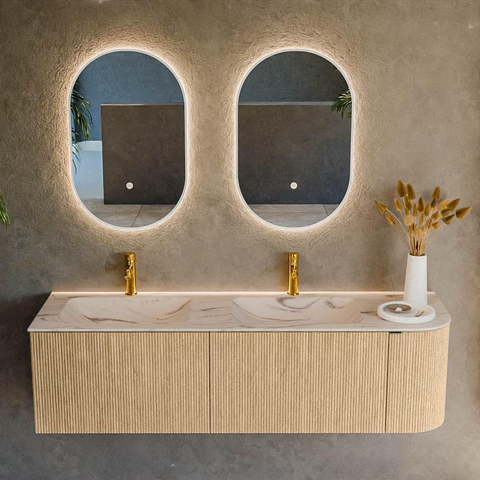 MONDIAZ KURVE-DLUX Meuble de salle de bains 155cm arrondi à droite couleur Chêne avec 2 tiroirs et 1 porte. Lavabo LEAF Double / Gauche 2 trous de robinet Nata. SW1432135