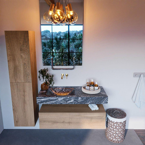 Mondiaz ALAN-DLUX Ensemble de meuble - 110cm - meuble Washed Oak mat - 1 tiroir - Lavabo Cloud Lava suspendu - vasque Gauche - 0 trous de robinet SW808838