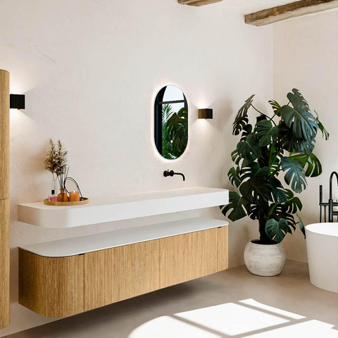 MONDIAZ THOR Meuble de salle de bains 190cm arrondi gauche + droite couleur Oak avec 2 tiroirs et 2 portes. Vasque suspendue CLOUD Droite sans trou de robinet couleur Talc. SW1466372