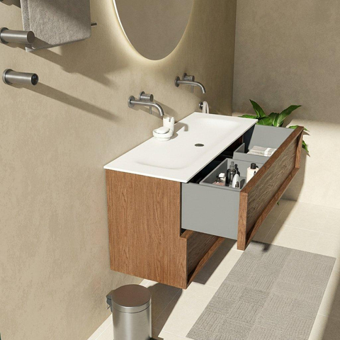 Saniclass Holz Frame Ensemble meuble de salle de bains - 120x45x61.5cm - Flow lavabo en solid surface blanc - 2 vasques - sans trous de robinet - 2 tiroirs - noyer pure mat (bois) SW1579778