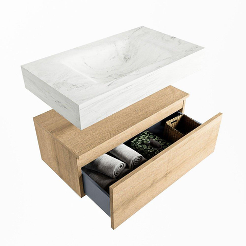 MONDIAZ ALAN - DLUX Badkamermeubelset - 80cm - onderkast - Washed Oak - 1 lade - vrijhangende wastafel - wasbak midden - 0 kraangaten - Opalo SW808796