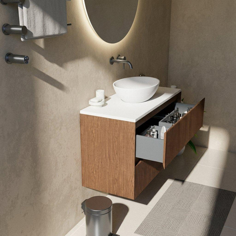 Saniclass Holz Atelier Ensemble de meuble de salle de bains - 100x45x62,5cm - plan de toilette Torino en solid surface blanc - sans trou de robinetterie - 2 tiroirs - noyer pur mat (bois) SW1478705