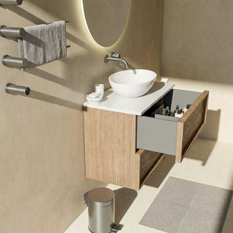 Saniclass Holz Frame Ensemble de meuble de salle de bains - 80x45x62.5cm - plan de toilette Torino en solid surface blanc - sans trou de robinetterie - 2 tiroirs - chêne natural mat (bois) SW1579985