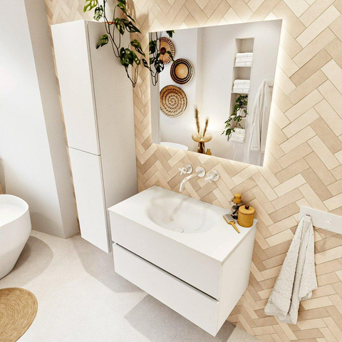 MONDIAZ VICA Meuble de salle de bains 80cm sous-meuble Talc 2 tiroirs. Lavabo MOON central sans trou de robinet, couleur Talc. SW1381801