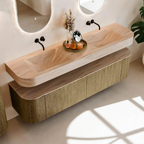 MONDIAZ THOR-DLUX 180cm meuble de salle de bains arrondi gauche + droite couleur Dusk avec 2 tiroirs et 2 portes. Vasque suspendue CLOUD Double sans trou de robinet couleur Saba. SW1466327