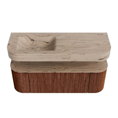 MONDIAZ THOR-DLUX 130cm meuble de salle de bains arrondi gauche + droite couleur Ruby avec 1 tiroir et 2 portes. Vasque suspendue CLOUD Gauche 1 trou de robinet couleur Arena. SW1463807