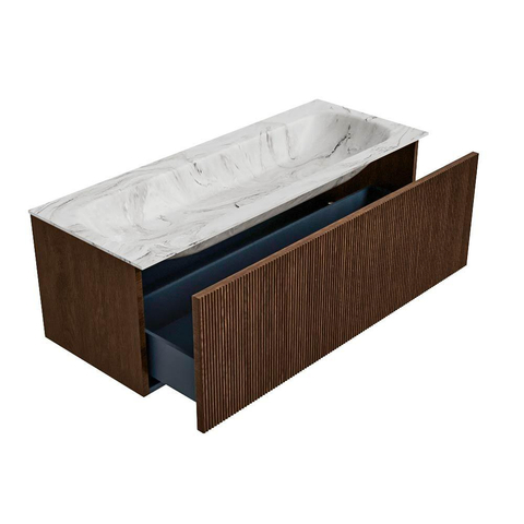 MONDIAZ KURVE-DLUX Meuble de salle de bains 120 cm couleur Walnut avec 1 tiroir. Vasque BIG LARGE centrale sans trou de robinet couleur Glace. SW1138075