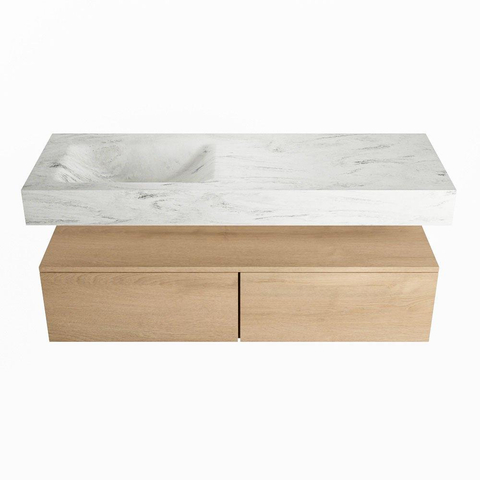 Mondiaz ALAN-DLUX Ensemble de meuble - 130cm - meuble Washed Oak mat - 2 tiroirs - Lavabo Cloud Opalo suspendu - vasque Gauche - 1 trou de robinet SW809093