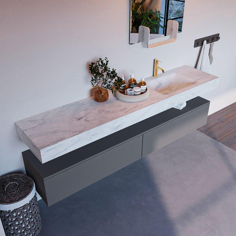 Mondiaz ALAN-DLUX Ensemble de meuble - 200cm - meuble Plata mat - 2 tiroirs - Lavabo Cloud Opalo suspendu - vasque Droite - 1 trou de robinet SW807139