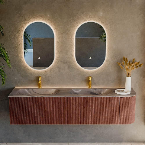 MONDIAZ KURVE-DLUX 175cm meuble de salle de bains avec courbe à droite couleur Ruby avec 2 tiroirs et 1 porte. Plan-vasque STOR SMALL Double / Gauche 2 trous de robinet Sombra. SW1434008