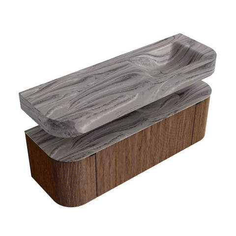 MONDIAZ THOR-DLUX 140cm badmeubel ronding links + rechts kleur Walnut met 1 lade en 2 deuren. Vrijhangende wastafel CLOUD Rechts zonder kraangat kleur Sombra. SW1464335