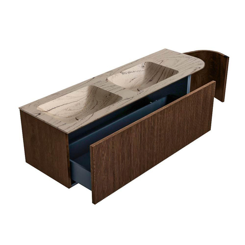 MONDIAZ KURVE-DLUX 145cm badmeubel ronding Rechts kleur Walnut met 1 lade en 1 deur. Wastafel LEAF Dubbel / Links 2 kraangaten Arena. SW1431244