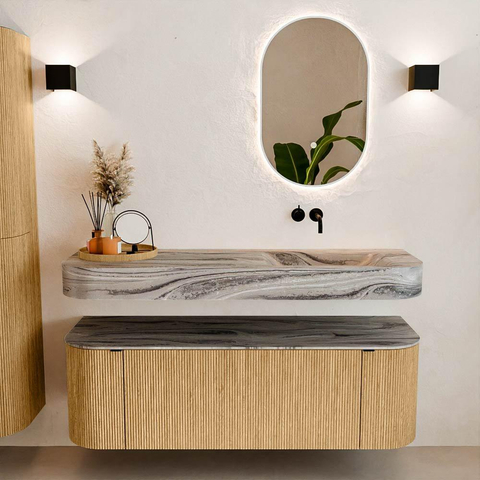 MONDIAZ THOR-DLUX 140cm badmeubel ronding links + rechts kleur Oak met 1 lade en 2 deuren. Vrijhangende wastafel CLOUD Rechts zonder kraangat kleur Sombra. SW1464342