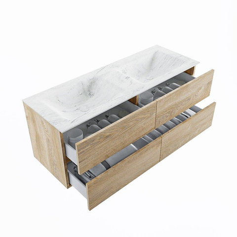 MONDIAZ VICA-DLUX Ensemble meuble de salle de bains - 130cm - meuble bas Washed oak - 4 tiroirs - vasque encastrée cloud double - 2 trous de robinet - version haute 60cm - opalo SW1088441