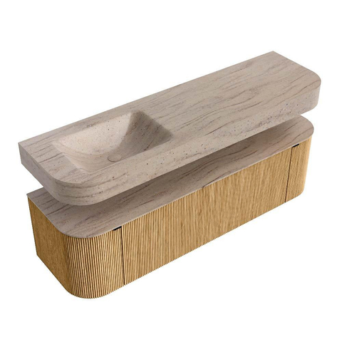 MONDIAZ THOR-DLUX 160cm meuble de salle de bains arrondi gauche + droite couleur Oak avec 1 tiroir et 2 portes. Vasque suspendue CLOUD Gauche sans trou de robinet couleur Saba. SW1465332