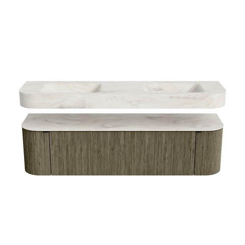 MONDIAZ THOR-DLUX 170cm meuble de salle de bains arrondi gauche + droite couleur Shadow avec 1 tiroir et 2 portes. Vasque suspendue CLOUD Double 2 trous de robinet couleur Ostra. SW1465544