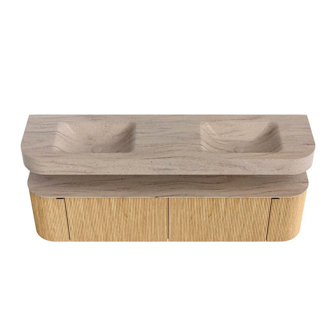 MONDIAZ THOR-DLUX 180cm meuble de salle de bains arrondi gauche + droite couleur Oak avec 2 tiroirs et 2 portes. Vasque suspendue CLOUD Double sans trou de robinet couleur Saba. SW1466339