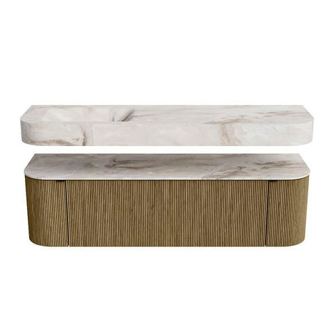 MONDIAZ THOR-DLUX 160cm meuble de salle de bains arrondi gauche + droite couleur Dusk avec 1 tiroir et 2 portes. Vasque suspendue CLOUD gauche sans trou de robinet couleur Frappe. SW1465037