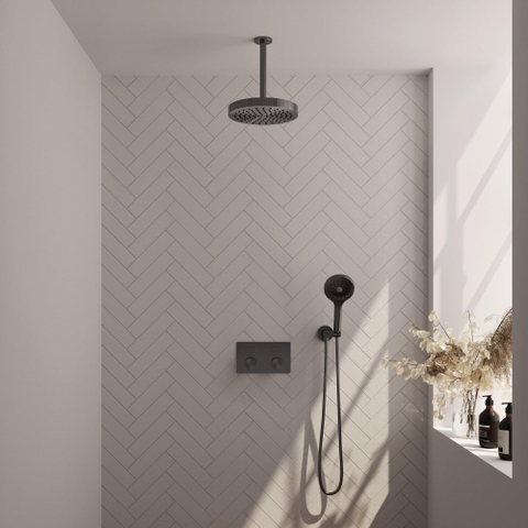 BRAUER Stripe Thermostatische Inbouw Regendouche - drukknoppen - SET 30 - 25cm douchekop - plafondarm - 3-standen handdouche - doucheslang - wandaansluitbocht - gunmetal geborsteld PVD SW1435008