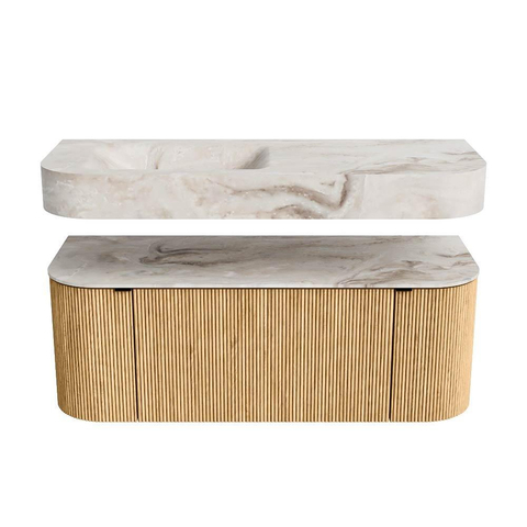 MONDIAZ THOR-DLUX 120cm meuble de salle de bains arrondi gauche + droite couleur Oak avec 1 tiroir et 2 portes. Vasque suspendue CLOUD Gauche sans trou de robinet couleur Frappe. SW1463065