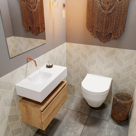 MONDIAZ ANDOR Toiletmeubel - 60x30x30cm - 0 kraangaten - 1 lades - washed oak mat - wasbak links - Solid surface - Wit SW474260