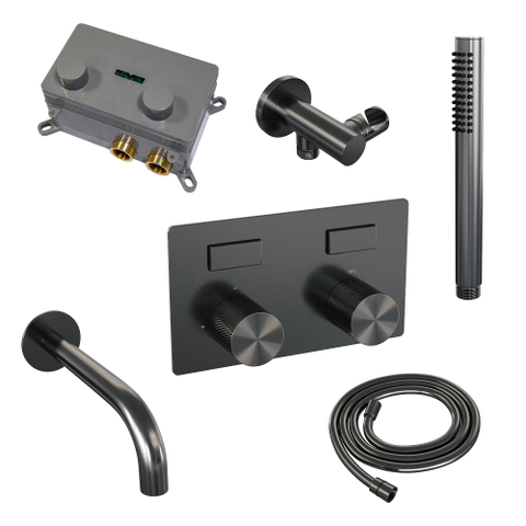 BRAUER gunmetal Carving mitigeur de bain encastré thermostatique - boutons-poussoirs SET 03 - bec - douchette à main bâton - flexible de douche - coude mural - gunmetal brossé PVD SW925682