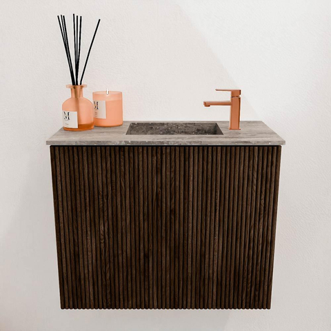 Mondiaz JOYA-DLUX 50cm toiletmeubel - kleur Walnut - Wastafel FAYE positie Rechts 1 kraangat kleur Oza. SW1424546