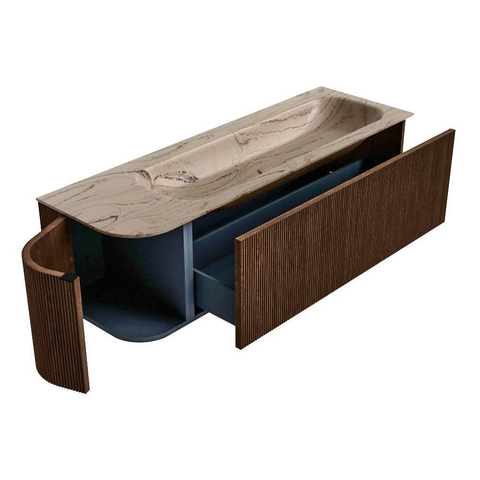 MONDIAZ KURVE-DLUX 145cm badmeubel ronding Links kleur Walnut met 1 lade en 1 deur. Wastafel BIG LARGE Rechts zonder kraangat Arena. SW1431240