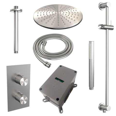 Brauer Douche pluie encastrable Carving brossé - douche principale 30 cm - 2 fonctions - glissière - incluant partie encastrable - douchette à main Barre 1 position - PVD - inox brossé SW716107