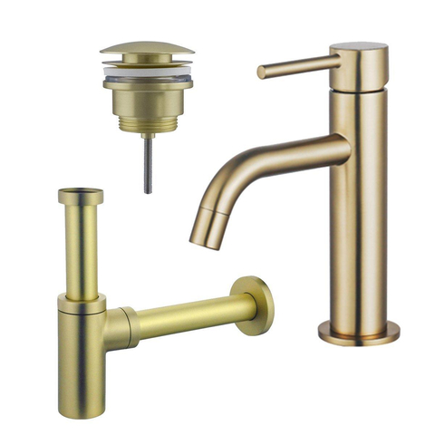 Fortifura Calvi Slim Wastafelkraanset - lage wastafelkraan - klikwaste plug - design - sifon - PVD - geborsteld messing (goud) SW915277