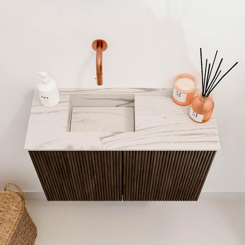 Mondiaz JOYA-DLUX 60cm meuble de salle de bains - couleur Walnut - Vasque FAYE position Gauche Sans trou de robinet couleur Nata. SW1424478