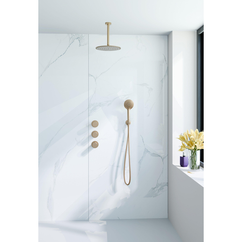 Fortifura Nebbio Regendoucheset - inbouwkraan - inbouwdeel - wandaansluitbocht - doucheslang glad - ronde handdouche - 20cm plafondarm - 30cm - hoofddouche - PVD - geborsteld messing (goud) SW1447122