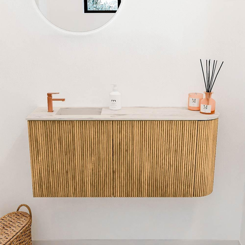 Mondiaz JOYA-DLUX 91.6cm toiletmeubel - ronding rechts kleur Oak - Wastafel FAYE positie Links 1 kraangat kleur Nata. SW1424035