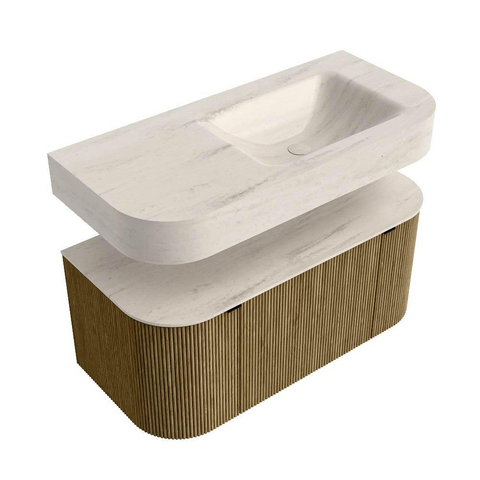 MONDIAZ THOR-DLUX 100cm meuble de salle de bains arrondi gauche + droite couleur Dusk avec 1 tiroir et 2 portes. Vasque suspendue CLOUD Droite sans trou de robinet couleur Meli. SW1467482