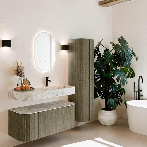 MONDIAZ THOR-DLUX 110cm badmeubel ronding links + rechts kleur Shadow met 1 lade en 2 deuren. Vrijhangende wastafel CLOUD Rechts 1 kraangat kleur Glace. SW1462889