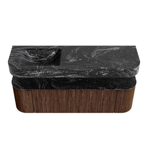 MONDIAZ THOR-DLUX 150cm meuble de salle de bains arrondi gauche + droite couleur Walnut avec 1 tiroir et 2 portes. Vasque suspendue CLOUD gauche 1 trou de robinet couleur Lava. SW1464635