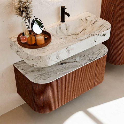 MONDIAZ THOR-DLUX 100cm meuble de salle de bains arrondi gauche + droite couleur Ruby avec 1 tiroir et 2 portes. Vasque suspendue CLOUD Droite 1 trou de robinet couleur Glace. SW1467417