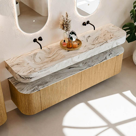 MONDIAZ THOR-DLUX Meuble de salle de bains - 190cm - arrondi gauche + droite - couleur Oak - 2 tiroirs et 2 portes - Vasque suspendue CLOUD Double sans trou de robinet - couleur Glace SW1466362