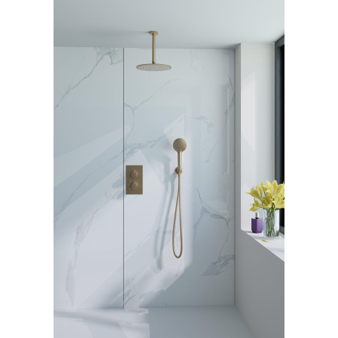Fortifura Calvi Inbouw Regendoucheset - thermostatisch - plafondarm - 30cm - hoofddouche - ronde handdouche - gladde doucheslang - PVD - geborsteld messing (goud) SW1412135