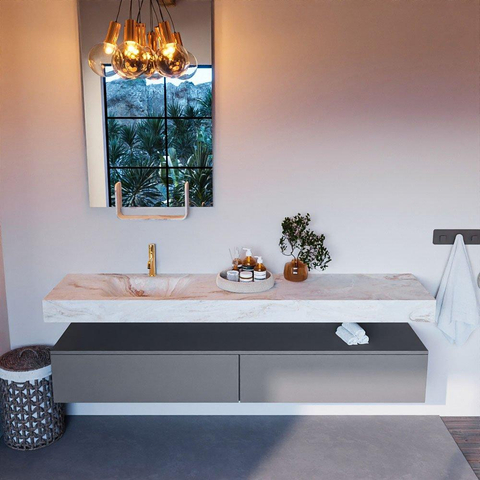 Mondiaz ALAN-DLUX Ensemble de meuble - 200cm - meuble Plata mat - 2 tiroirs - Lavabo Cloud Frappe suspendu - vasque Gauche - 1 trou de robinet SW805300