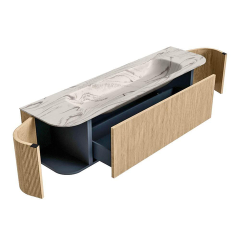 MONDIAZ KURVE-DLUX 170cm badmeubel ronding Links + Rechts kleur Oak met 1 lade en 2 deuren. Wastafel BIG LARGE Midden zonder kraangat Nata. SW1432110