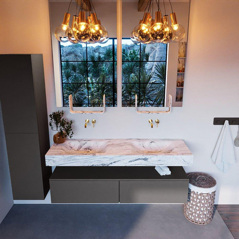 Mondiaz ALAN-DLUX Ensemble de meuble - 150cm - meuble Dark grey mat - 2 tiroirs - Lavabo Cloud Glace suspendu - vasque Gauche et droite - 0 trous de robinet SW805652