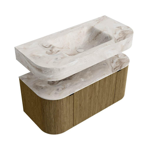 MONDIAZ THOR-DLUX 100cm meuble de salle de bains arrondi gauche + droite couleur Dusk avec 1 tiroir et 2 portes. Vasque suspendue CLOUD Milieu 1 trou de robinet couleur Frappe. SW1467397