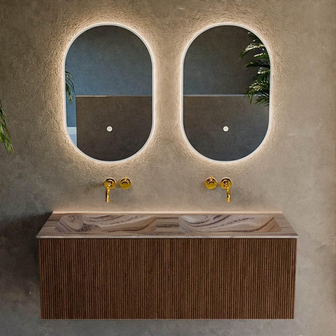 MONDIAZ KURVE-DLUX Meuble de salle de bains 120 cm couleur Walnut avec 1 tiroir et 0 porte. Lavabo LEAF Double sans trou de robinet Sombra. SW1433693