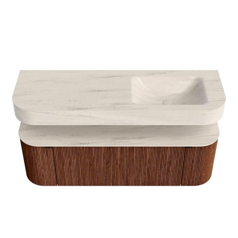 MONDIAZ THOR-DLUX 140cm meuble de salle de bains arrondi gauche + droite couleur Ruby avec 1 tiroir et 2 portes. Vasque suspendue CLOUD Droite 1 trou de robinet couleur Meli. SW1464405