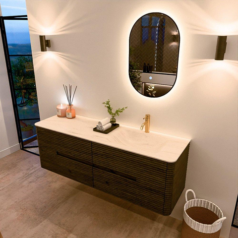 Mondiaz CIRO-DLUX Ensemble de meubles de salle de bains - 150x45x50cm - Plan-vasque en solid surface Meli - 1 bassin à droite - 1 trou de robinet - 4 tiroirs - Shadow SW1532528