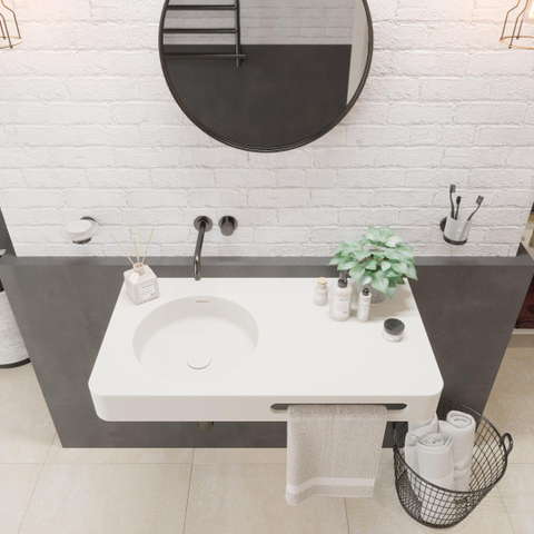 Ideavit Solidbrio Wastafel 90x48x10cm rechthoek 0 kraangaten 1 wasbak met handdoekhouder Solid surface wit SW85931